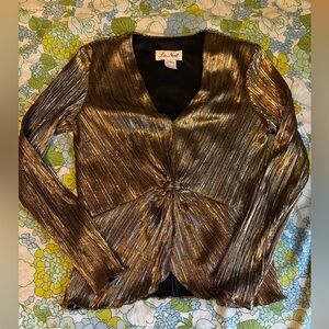 VINTAGE; Metallic gold micro pleat La Nuit  blouse Size M